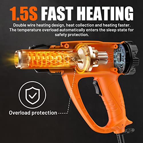 SEEKONE Heat Gun 1800W Heavy Duty Hot Air Gun Kit Variable Temp Control with 2-Temp Settings 7 Accessories 140℉~1112℉(60℃- 600℃)with Overload SEEKONE