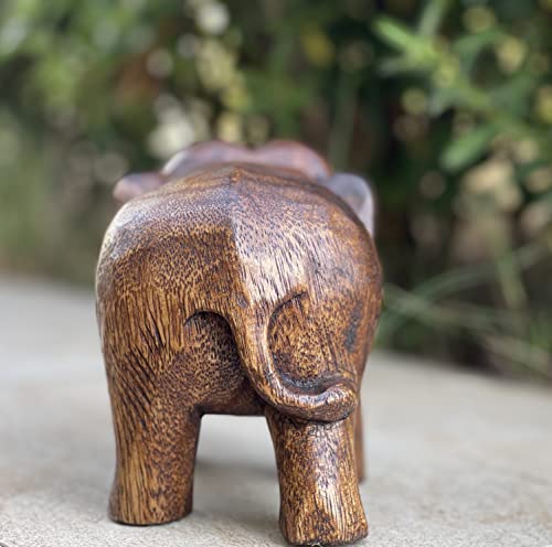 Land of Simple Treasures Hand Carved Wooden Elephant Statue - Wood Elephant Carving from Thailand - Feng Shui Elephant Figure - Brown, 5.5 Inches Land of Simple Treasures