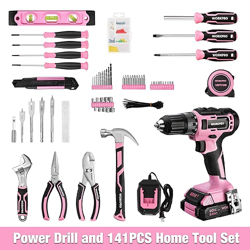 WORKPRO 20V Pink Cordless Drill Driver and Home Tool Set, 141PCS Hand Tool Kit for DIY, Home Maintenance, 2.0 Ah Li-ion Battery, 1 Hour Fast Charger, WORKPRO