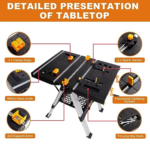 WORKESS Portable Workbench & Sawhorse, 440Lbs/1000Lbs Capacity Heavy Duty Folding Work Table, 21.5"-32.5" Adjustable Height with Clamping System, 2 x WORKESS