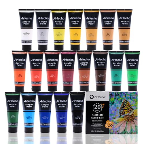 Artecho Professional Acrylic Paint Set, 20 Primary Colors (120ml / 4.05oz) Tubes, Art Craft Paints for Canvas, Rock, Stone, Wood, Fabric, Art Artecho