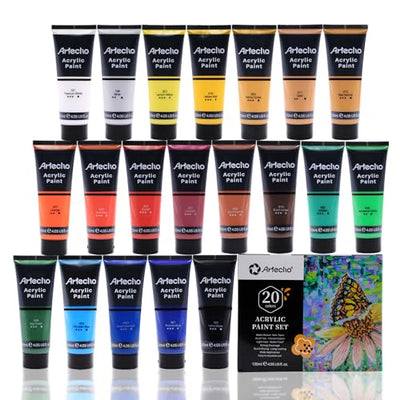 Artecho Professional Acrylic Paint Set, 20 Primary Colors (120ml / 4.05oz) Tubes, Art Craft Paints for Canvas, Rock, Stone, Wood, Fabric, Art
