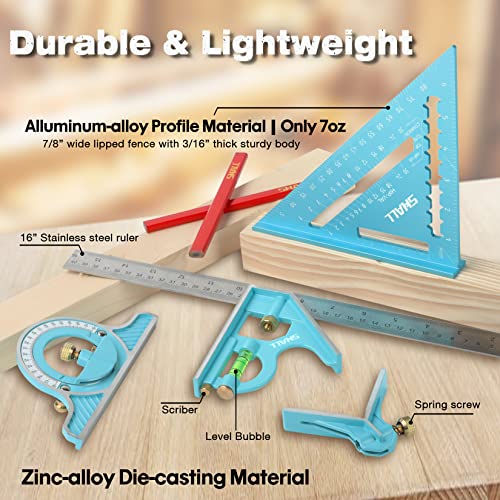 SHALL Rafter Square & Combination Square Tool Set, 7 Inch Aluminium-Alloy Carpenter Square & 16 Inch Zinc-Alloy Woodworking Framing Square Combo SHALL
