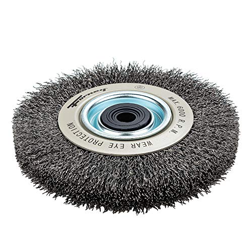 Forney 72895 Wire Bench Wheel Brush, Industrial Pro Crimped with 1/2-Inch Through 2-Inch Multi Arbor, 6-Inch-by-.012-Inch Forney