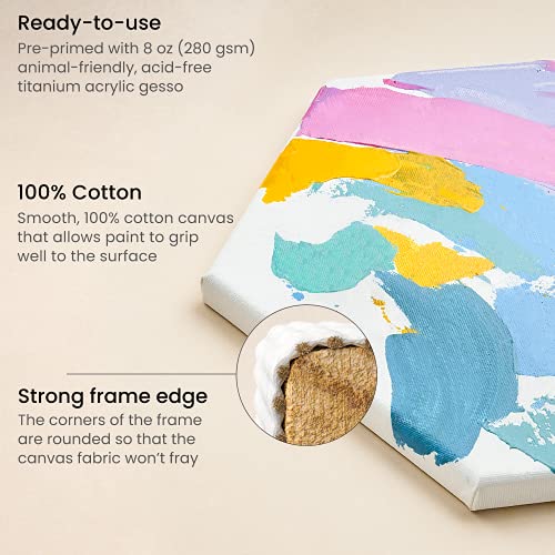 Arteza Paint Canvases for Painting, 9 Pack, 6 inches, Hexagonal Blank Canvas Bulk, 100% Cotton Stretched Canvas, 8 oz Gesso-Primed, Pine Wood Frame, ARTEZA