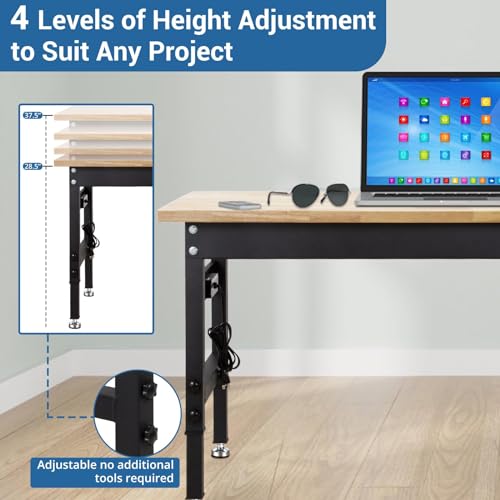 Work Benches, Adjustable Height Work Table, Heavy Duty Husky Workbench Portable Table 2000 LBS Load Capacity,with Power Outlet and Wheels for AHGOKL