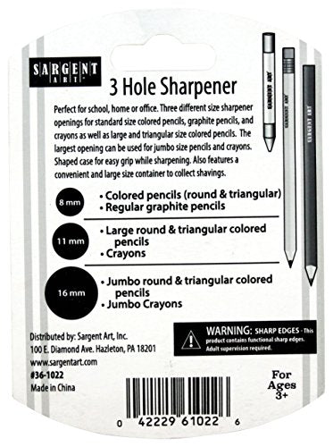Sargent Art 3 Manual Hole Pencil Sharpeners - 3 Holes With Lid - Portable Colored Pencil Sharpener - Jumbo - Green - Easy Grip Oval Shape Sargent Art