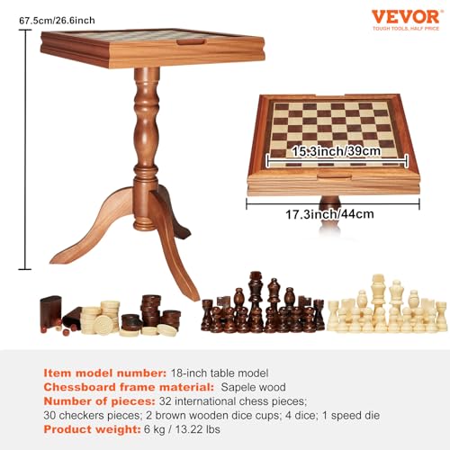 VEVOR 3-in-1 Chess Checkers Backgammon Table Set, 18 Inch Premium Wooden Chess Table, Deluxe Combo Game Table Furniture Set, Chess Set Board Game VEVOR