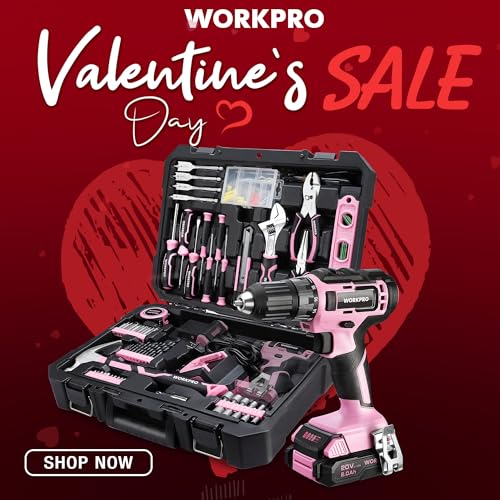 WORKPRO 20V Pink Cordless Drill Driver and Home Tool Set, 141PCS Hand Tool Kit for DIY, Home Maintenance, 2.0 Ah Li-ion Battery, 1 Hour Fast Charger, WORKPRO
