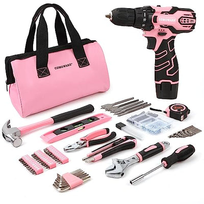 COMOWARE 12V Pink Cordless Drill Driver and Home Tool Kit, Pink Drill Set for Women, Lady's Home Repairing Tool Kit with Power Drill, Large-Capacity