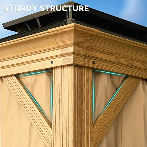 YITAHOME 12x20ft Hardtop Gazebo with Nettings and Curtains, Wood Grain Heavy Duty Double Roof Galvanized Steel Outdoor Combined of Vertical Stripes YITAHOME