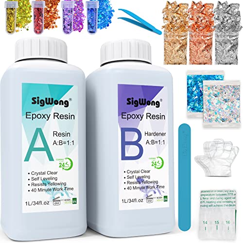 Epoxy Resin Clear Crystal Coating Kit 68oz/2L - 2 Part Casting Resin for Art, Craft, Countertop, Wood, Jewelry Making, River Tables, with Gloves, SigWong