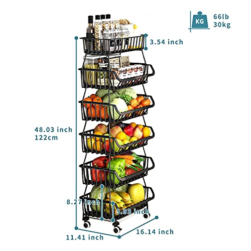 KOLENSA Metal Wire Baskets with Wheels, Stackable Storage Bins Kitchen Organizer Shelf 3-4-5-6 Tier Fruit Vegetable Cart Dishes Seasonal Rack Shelves KOLENSA