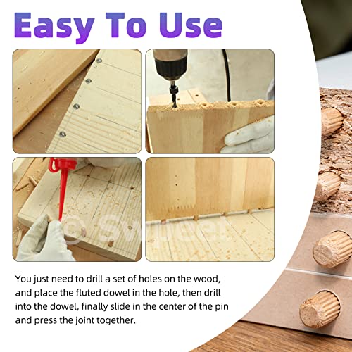 Swpeet 505Pcs 4 Sizes 1/4" 5/16" 3/8" 1/2" Wooden Dowel Pins Straight Grooved Pins with Center Point Cylinder Wood Dowels Assortment Kit, Dowel and Swpeet