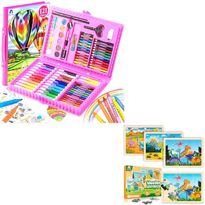 Art Set & 4 Pack Wooden Dinosaur Puzzles for Kids