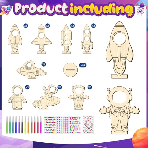 24 Pcs Rocket Space Wooden Craft Kit Rocket for Painting,Unfinished Wood Cutouts Crafts,DIY Outer Space Birthday Party Decorations BAPHILE