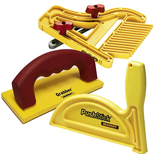 Milescraft 7334 Safety Bundle - Includes Feather Board, Push Stick, and FREE Grabber push block. Ideal for use on router tables, table saw, jointers, Milescraft