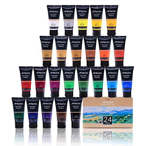 Artecho Acrylic Paint Set 24 Colors Tubes (60ml / 2.02oz) Art Craft Paints for Canvas, Rock, Wood, Fabric, Art Supplies for Artists, Adults, Artecho