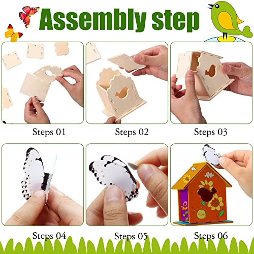 Kisston 96 Pcs Wooden Bird House Kits for Kids Christmas Crafts Bird House for Children to Build DIY Birdhouse in 6 Shapes and Stereoscopic Butterfly Kisston