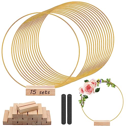 15Pcs 12 Inch Metal Floral Hoop Centerpiece with 15 PCS Wood Place Card Holders and Adjustable Foot Pads, Gold Wreath Macrame Hoop Rings Decorations trophable