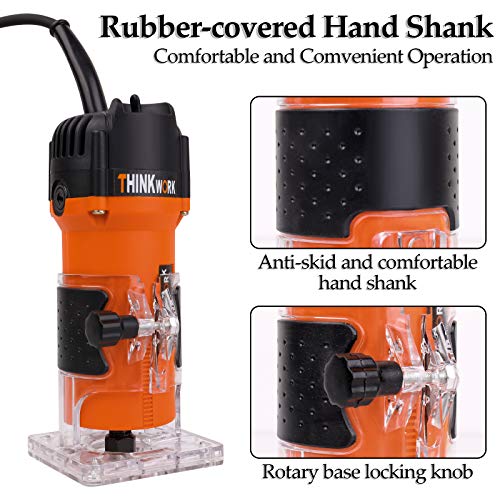 THINKWORK Compact Router, 6.5-Amp 1.25 HP Compact Wood Palm Router, Wood Trimmer with 15 pieces 1/4" Router Bits Set, 30000R/MIN THINKWORK