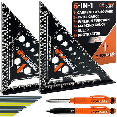 THORVALD 2 Carpenter Square 7 inch (1/16" Precision) + 2 Pencils + 12 Leads - T Square Multi-Purpose Carpenter Tools : Wrench, Square, Protractor,