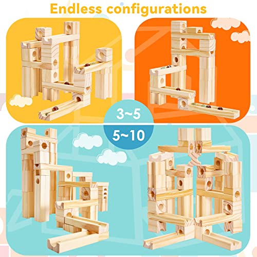 Wooden Marble Run for Kids Ages 4-8, 60 Pieces Wood Building Blocks Toys and Construction Play Set, Marble Track Maze Game STEM Learning Toys Gifts Onshine