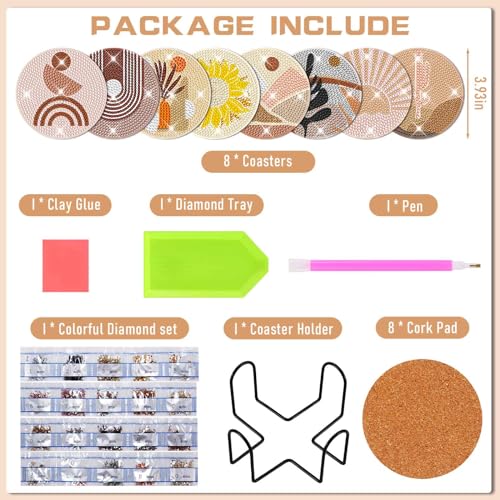 8 Pcs Diamond Painting Coasters Kits, Boho DIY Diamond Art Coasters Kits with Holder for Adults Kids Beginners Diamond Painting Kit Art Craft Belors