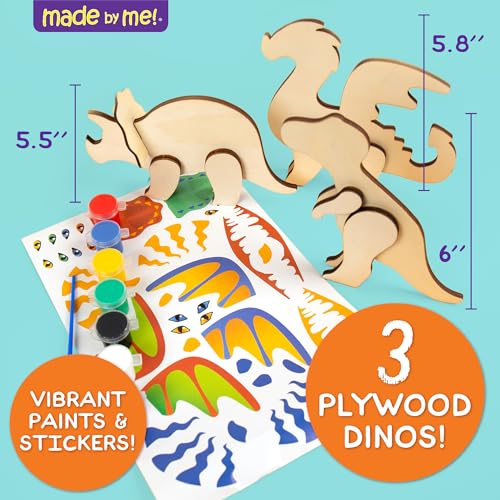 Made By Me Paint Your Own 3D Dinos & Friends, Includes 3 Dinosaurs to Paint, 7 Acrylic Paints, Dino Stickers, Dinosaur Made from Wood, Custom Made By Me