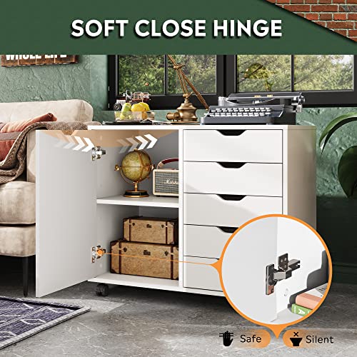 DEVAISE 5-Drawer Wood Dresser Chest with Door, Mobile Storage Cabinet, Printer Stand for Home Office DEVAISE
