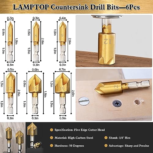 LAMPTOP 26-Pack Woodworking Chamfer Drilling Tools Including Countersink Drill Bits, 3-Pointed Countersink Drill Bit with L-Wrench, Wood Plug Cutter, LAMPTOP