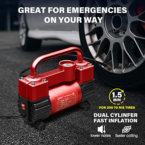 GSPSCN Red Tire Inflator Heavy Duty Double Cylinders, Portable Metal DC 12V Air Compressor, 150PSI Tire Pump with Adapter for Car, Truck, SUV Tires, GSPSCN