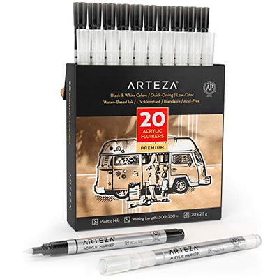 Arteza Acrylic Paint Markers, Pack of 20 Black & White Acrylic Paint Pens, Painting Art & Craft Supplies for Canvas, Glass, Plastic, and Rock
