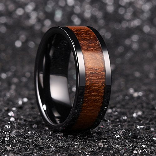 King Will NATURE 8mm Black Koa Wood Ceramic Ring Wedding Band Polished Finish Comfort Fit Flat Style10.5 King Will