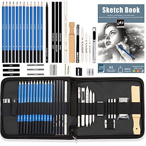 Kalour Sketching Pencil Set(34 Pack) - Includes Sketchbook - Zippered Travel Case - Sketch Pencil,Charcoal Pencil,Blending Paper,Eraser - Art Drawing KALOUR