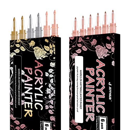 JEFFNIUB 6 Gold,Silver,Rose Gold Paint Pens and 6 Rose Gold Acrylic Paint Markers 0.7 Fine Tip, Bundle for Fabric,Wood, Paper, Photo Album, Ceramic, JEFFNIUB