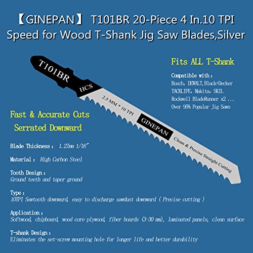 Jigsaw Blades T Shank 20PCS T101BR with Case, Compatible with Bosch Dewalt Black and Decker Jig Saw Blades Set for Wood, 4 in. 10 TPI Fast & Accurate GINEPAN