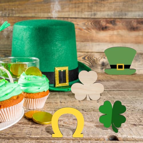 MAYJOYDIY 8pcs Shamrock Wooden Cutouts Unfinished Wood Shamrock Clover Cutouts Shamrock/Horseshoe/Four Clover/Hat Ornaments for DIY Craft Art MAYJOYDIY