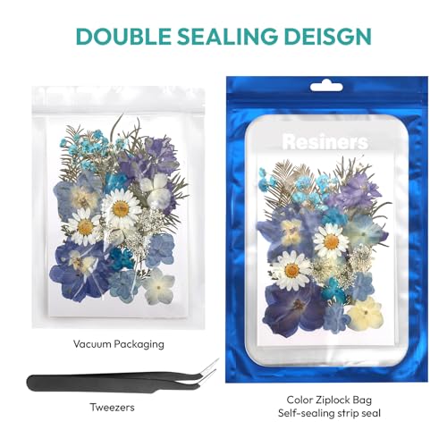 Resiners 100Pcs Dried Pressed Flowers for Resin Molds, Blue Real Natural Dried Flowers Dry Leaves kit for Scrapbook Supplies Card Making Resin Resiners