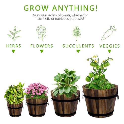 Adnee 4 Pack Wooden Whiskey Barrel Planters - 4 Sizes Wooden Bucket Barrel Garden Planters Set - Rustic Flower Planters Pots Container for Indoor Adnee