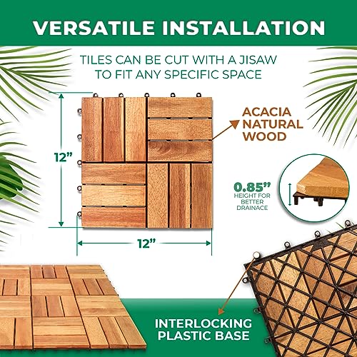 Acacia Deck Tiles (Pack of 10) Hardwood Interlocking Patio Deck Tiles, Acacia Wood Deck Tiles Interlocking Outdoor, Patio Tiles Outdoor Interlocking RAKYTO