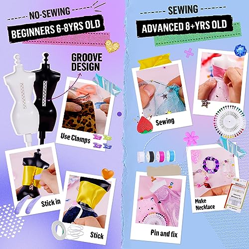 600+Pcs - Fashion Designer Kit for Girls with 5 Mannequins - Creativity DIY Arts and Crafts Kit Educational Toys - Sewing Kit for Kids Ages 8-12 - ONE TO FOUR