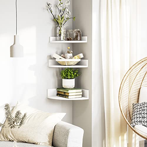 Alsonerbay White Corner Shelf Wall Mount, Set of 3 Floating Shelves for Storage and Display, Rustic Wood Shelves for Bedroom, Living Room, Bathroom, Alsonerbay