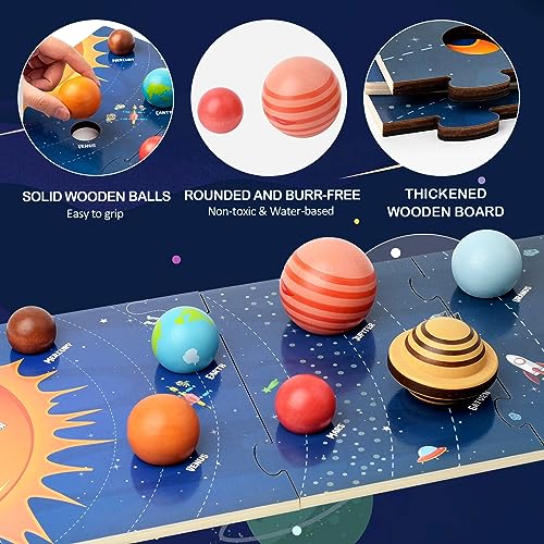 Wooden Solar System Model Board, Montessori Toys Planets Puzzle Science STEM Space Learning for Kids 4-8 with 3D Planets Models, Prechool Educational Xylolin