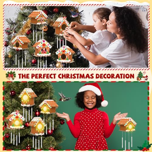 3 Sets Christmas Craft Houses Kits, Make Your Own Gingerbread Wooden Christmas Houses Bird Feeder & Wind Chime Kit, Wooden Painting Arts and Crafts QOUBAI