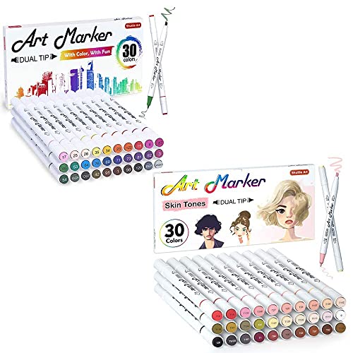 Shuttle Art Art Markers Bundle - 30 Colors Alcohol Markers + 30 Colors Skin Tone Markers Shuttle Art