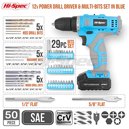 Hi-Spec 50pc 12V Cordless Drill Driver Set Electric Battery Powered - Portable Tool Box and Bit Set for DIY Projects, Home Repair, and Professional Hi-Spec