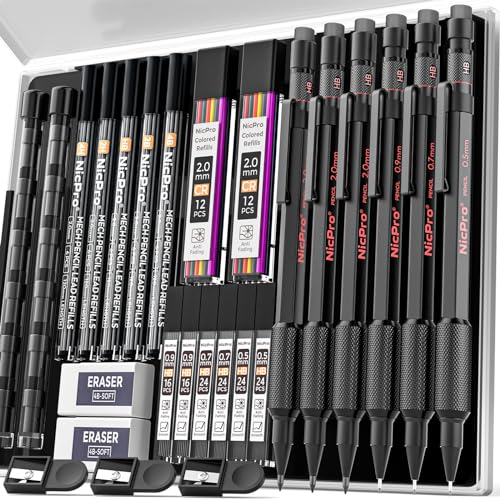 Nicpro 27PCS Art Mechanical Pencils Set in Case, Metal Drafting Pencil 0.5, 0.7, 0.9 mm & 2mm with 13 Tube Lead Refills(4B 2B HB 2H 4H Colors) Nicpro
