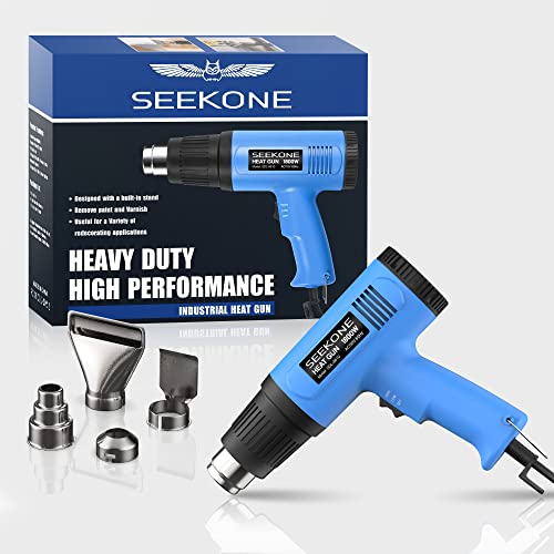 SEEKONE Heat Gun, 1800W Heavy Duty Hot Air Gun Kit with 572℉&1112℉ Dual-Temperature Settings and 4 Nozzles for Shrinking PVC,Stripping Paint, Crafts SEEKONE