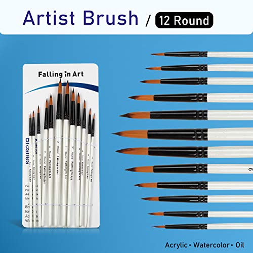 Falling in Art Paint Brushes Set, 12 PCS Nylon Professional Round Paint Brushes for Watercolor, Oil Painting, Acrylic, Face Body Nail Art, Crafts, Falling in Art